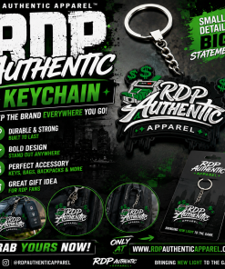 RDP Authentic Apparel wherever you go with this bold black, green logo keychain. 🔑💚 A clean statement accessory for your keys, backpack, gym bag, or everyday carry